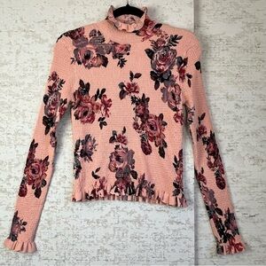 Zara Pink Floral Smocked Top Medium Boho Ruffled Mock Neck and Hem Cottagecore